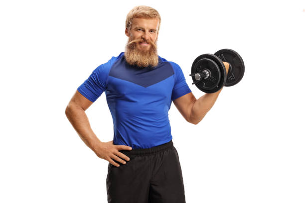 istock Young man with beard and moustache exercising with dumbbell in one hand 1276432537