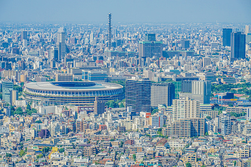 View from top of the Yokohama Landmark Tower, height 296.3 mt, of the Yokohama Stadium, a baseball stadium in Yokohama, Japan. It opened in 1978 and has a capacity of 34,046 people.\nIt is primarily used for baseball and is the home field of the Yokohama DeNA BayStars.