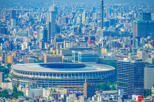 New National Stadium and the Tokyo skyline. Shooting Location: Tokyo metropolitan area