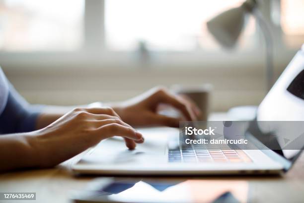 Woman Using Her Laptop For Working From Home Stock Photo - Download Image Now - Laptop, Computer, Hand