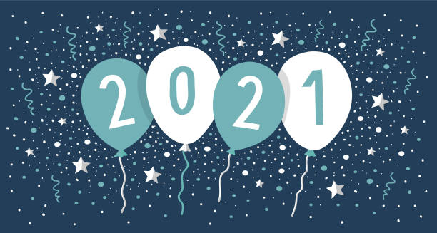 新年卡 2021 與氣球和紙屑。 - 2021 圖片 幅插畫檔、美工圖案、卡通及圖標