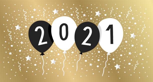 illustrazioni stock, clip art, cartoni animati e icone di tendenza di biglietto capodanno 2021 con palloncini e coriandoli - gold confetti star shape nobody