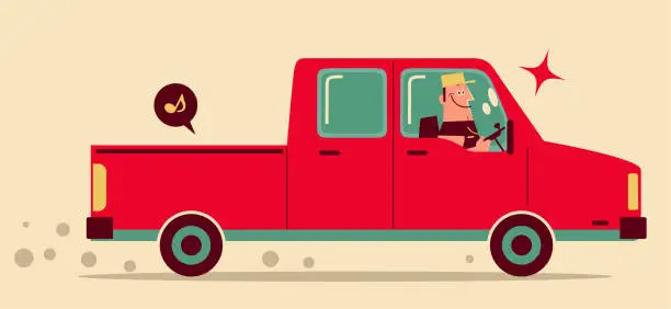 Vector illustration of One strong man with cap is driving a red pick-up truck