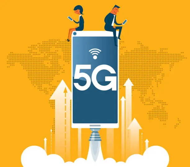 Vector illustration of 5G - smartphone flying