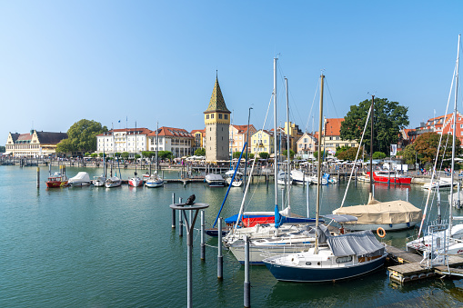 Lindau, Bavaria / Germany - 20 September 2020: the harbor at Lindau Island on Lake Constance