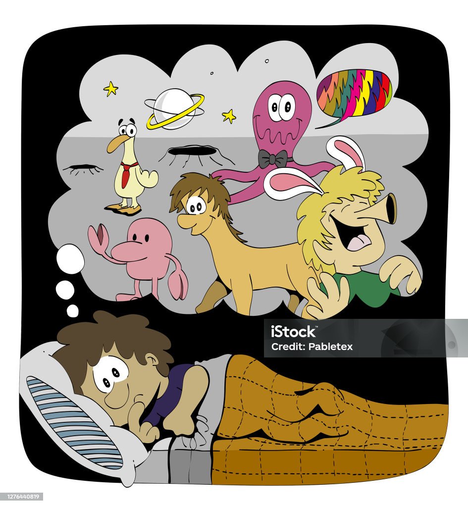 Cute Boy Dreaming Daydreaming With His Eyes Opened In His Bed Imagination  Nightmare With Strange Creatures Funny Cartoon Style Illustration Stock  Illustration - Download Image Now - iStock