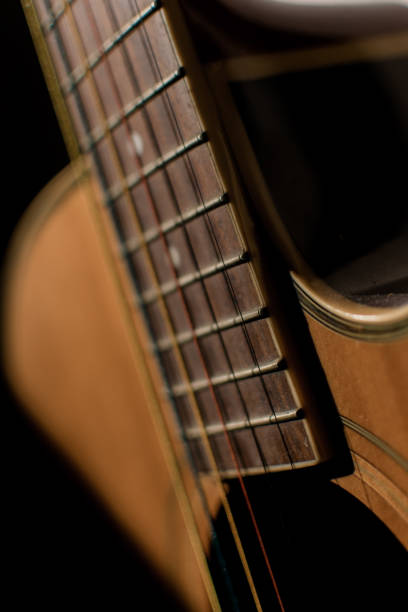 istock Close up wooden guitar with rainbow string and natural sun light 1276442716