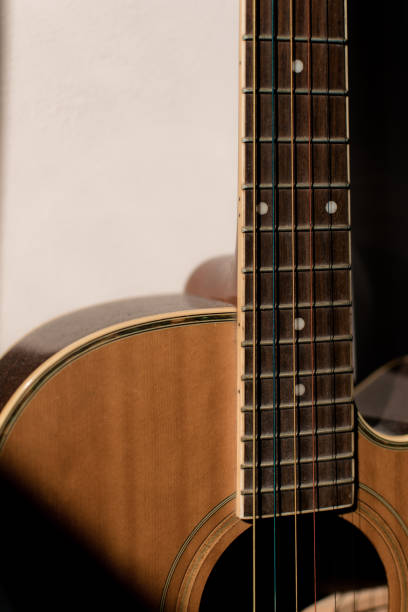 istock Close up wooden guitar with rainbow string and natural sun light 1276442725