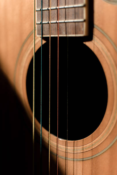 istock Close up wooden guitar with rainbow string and natural sun light 1276442729