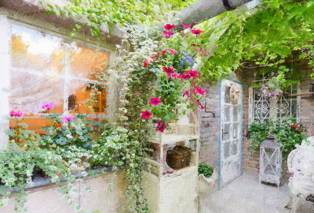 Oil painting showing patio full of flowers and plants in spring.