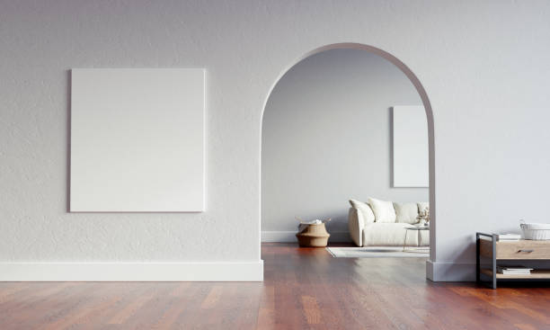 istock Big interior with large mock-up canvas and circular arc entrance to another space. Minimalistic style with full of empty space. 3D render. 1276444909