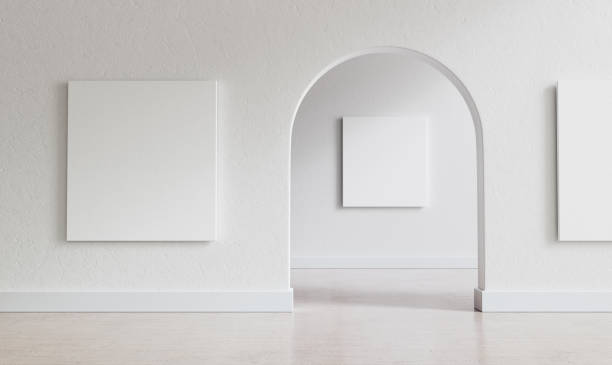Big, empty interior with large mock-up canvases and circular arc entrance to another space. Minimalistic style with full of empty space. Shallow depth of field. 3D render.
