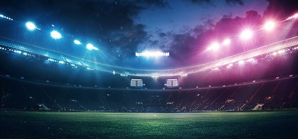 Full stadium and neoned colorful flashlights background. Flyer with copyspace in modern colors. Concept of sport, competition, winning, action and motion. Empty area for championships, your ad, design.
