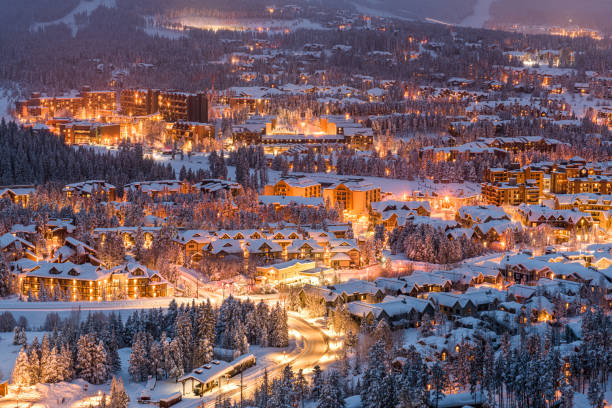 Breckenridge, Colorado, USA in Winter Breckenridge, Colorado, USA town skyline in winter at dusk. colorado stock pictures, royalty-free photos & images