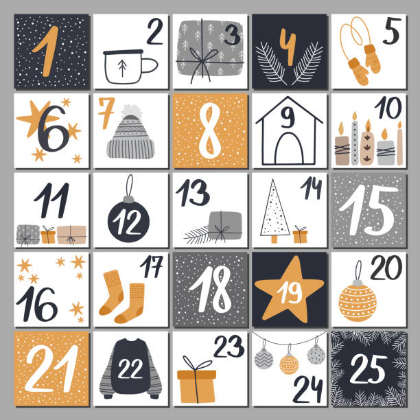 ilustraciones, imágenes clip art, dibujos animados e iconos de stock de calendario de adviento navideño con elementos dibujados a mano. - calendario adviento