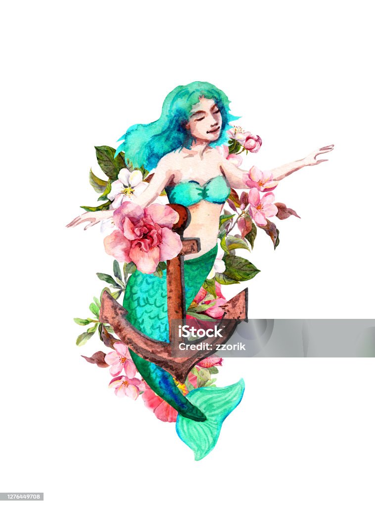 Mermaid And Anchor With Flowers Fantasy Illustration Girly Female Watercolor  For Card Tattoo Design Stock Illustration - Download Image Now - iStock