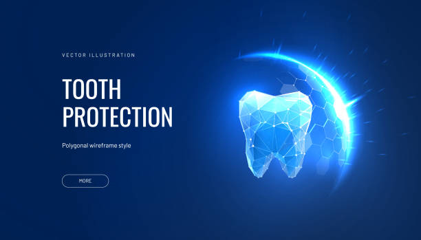 Teeth protection futuristic vector illustration in polygonal style. Shield over tooth concept for dental advertising about safety in technological geometric interpretation Teeth protection futuristic vector illustration in polygonal style. Shield over tooth concept for dental advertising about safety in technological geometric interpretation dentist backgrounds stock illustrations