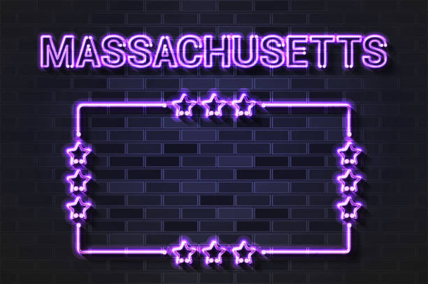 istock Massachusetts US State glowing violet neon letters and starred frame on a black brick wall 1276451880