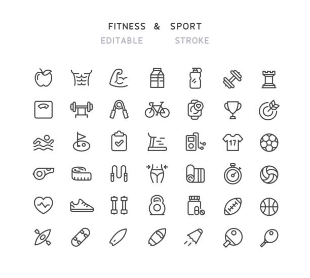 illustrazioni stock, clip art, cartoni animati e icone di tendenza di 42 icone linea fitness & sport tratto modificabile - exercise equipment weights jump rope shoe