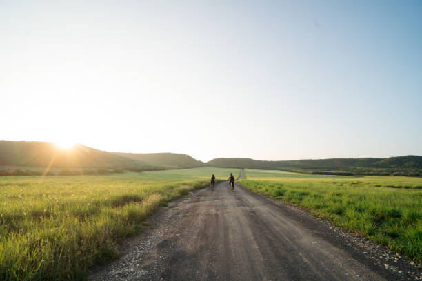 Nice view of a road in the countryside and two cyclists at sunrise.