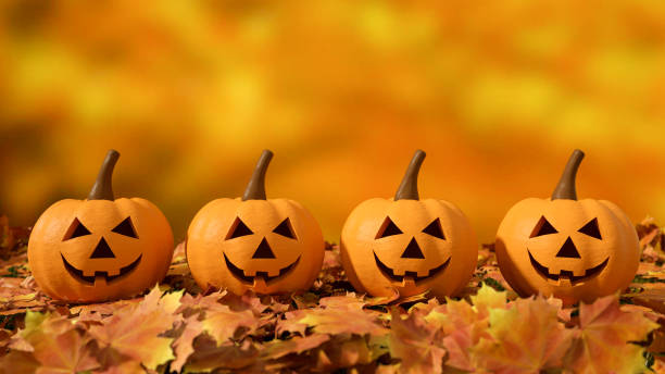 istock 3D Pumpkins for Halloween with spooky face, Jack O' Lantern, Autumn Background 1276453619