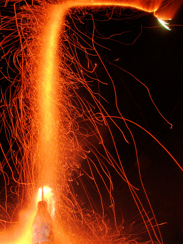 Closeup of firework on the festival of Diwali. This shows a rocket firework from start to end of the explosion.