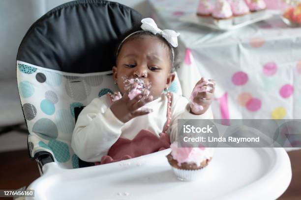 Cute Baby Girl Eating Birthday Cake Stock Photo - Download Image Now - Baby - Human Age, Eating, Messy