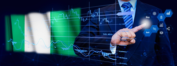 Businessman touching data analytics process system with KPI financial charts, dashboard of stock and marketing on virtual interface. With Nigeria flag in background.