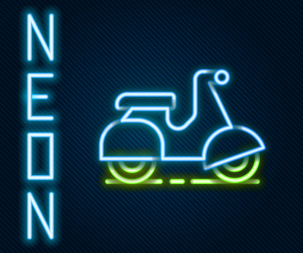 istock Glowing neon line Scooter delivery icon isolated on black background. Delivery service concept. Colorful outline concept. Vector 1276460353