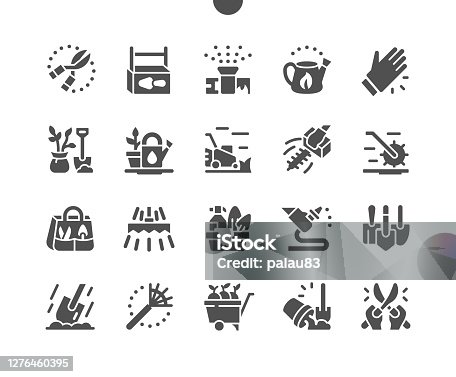 istock Landscaping equipment. Gardening tools and equipment. Instruments for gardener. Trimming trees and plants. Vector Solid Icons. Simple Pictogram 1276460395