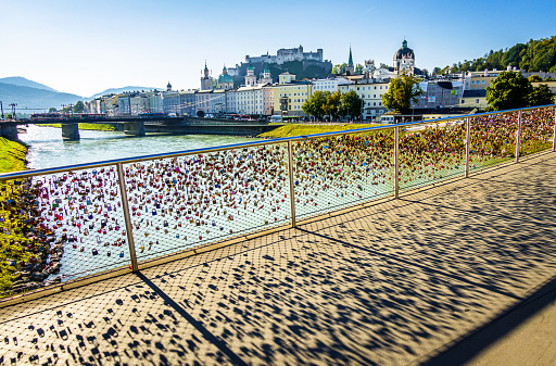 love padlocks at a bridge in the famous old town of Salzburg in Austria