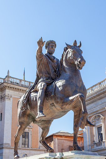ROME, ITALY - 2014 AUGUST 18. Equestrian statue of Emperor Marcus Aurelius on Piazza del Campidoglio, Capitoline Hill.