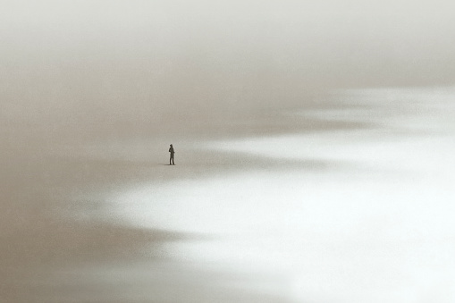 Lonely man walking in the sand looking at the calm sea, surreal minimal seascape