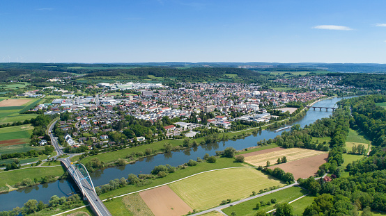 Aerial view over Marktheidenfeld and River Main, Bavaria, Germany