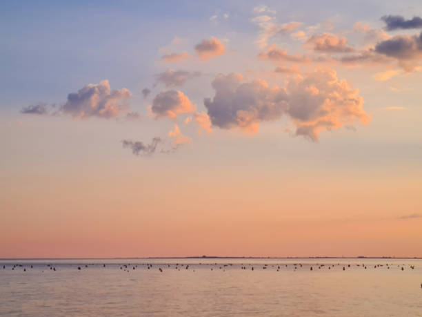 잔잔한 바다를 통해 아름다운 낭만적 인 일몰 구름 - beach sunset sky cloudscape 뉴스 사진 이미지
