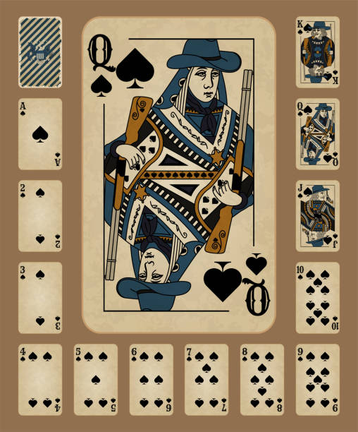 Playing cards of Spades Western style. Vector illustration. Original design.