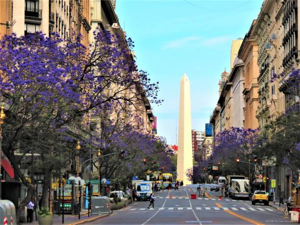 The Diagonal Norte Avenue view. The Obelisk of Buenos Aires (Obelisko of Buenos Aires). stock photo