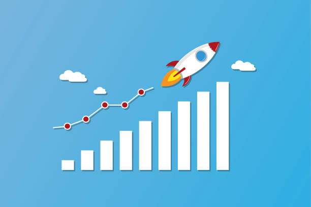 Rocket Fly on chart. Business financial start up growth success Rocket Fly on chart. Business financial start up growth success concept on blue Background rocketship patterns stock illustrations