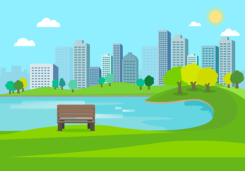 Public park nature landscape with city background.Nature scene with bench in city.Lake in town.Urban with spring meadow.Lake Park Summer.Vector illustration