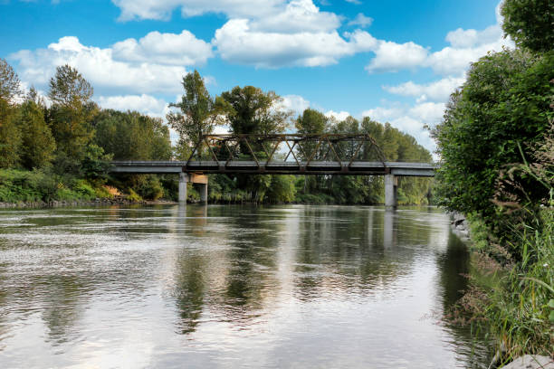 istock Railroad bridge over large flooded river 1276475098