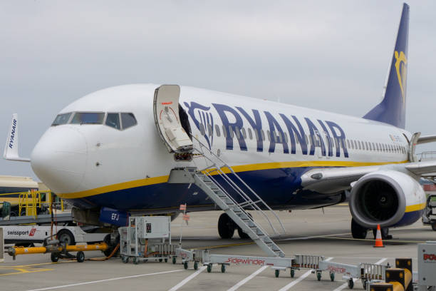 A Ryanair airplane at the gate in Edinburgh stock photo