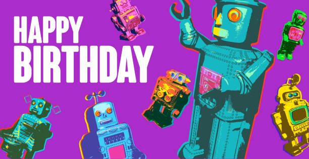 Toy Retro Robots Birthday Posterised or Pop Art styled Toy Retro Robots, science fiction, toys, retro, Birthday, computer birthday stock illustrations