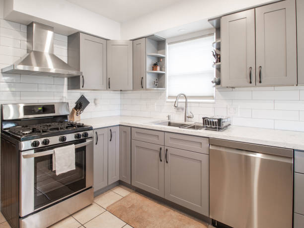 Kitchen Interior Design with white back splash stock photo a small modern kitchen with grey cabinets and stainless steel appliances and a decorative bowl
. kitchen dishwasher stock pictures, royalty-free photos & images