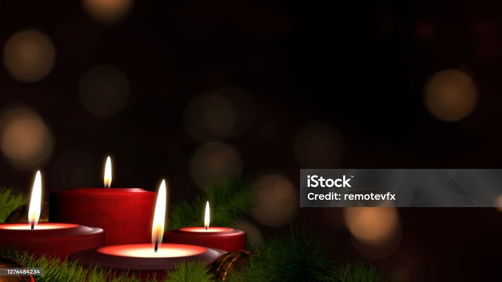 Candles on Advent Wreath and Dark Copy Space. Romantic festive Christmas holiday evening. Four lit red candles on indoor Advent wreath. Romantic festive candlelight with tranquil bokeh lights and dark copy space. 3D illustration Xmas background. Christmas Stock Photo