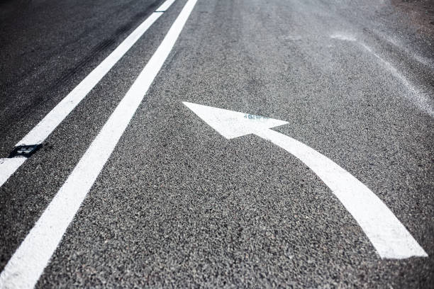 istock White arrow showing left direction. White sign on  asphalting road. 1276486343