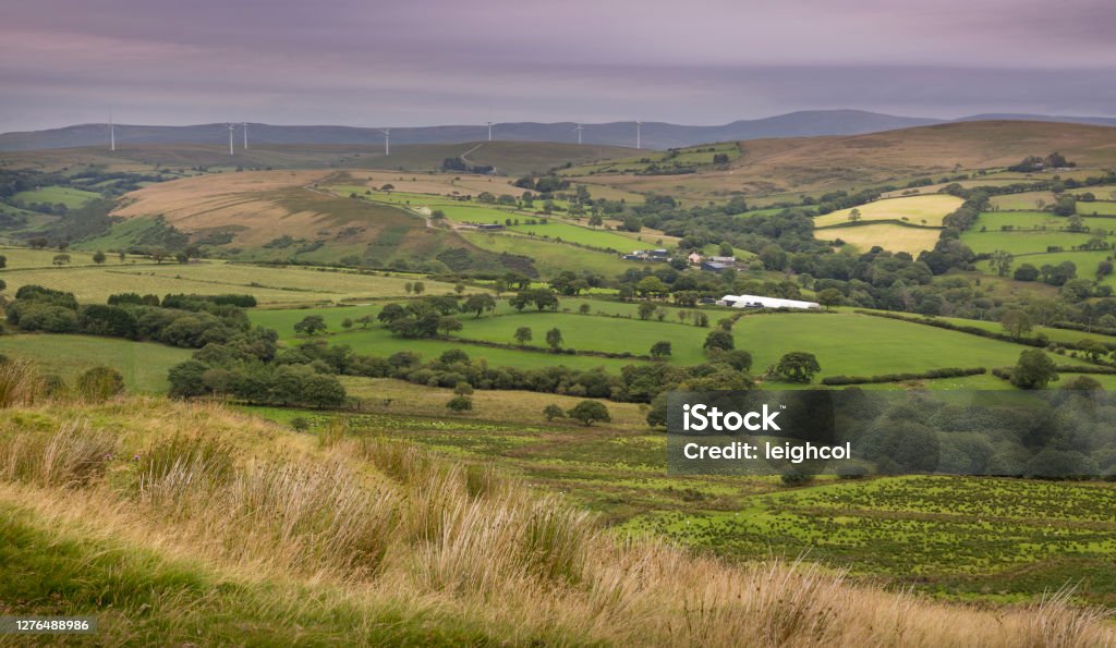 Wind turbines on the Betws Mountain Wind turbines and a green fields on the Betws mountain in South Wales, UK Black Mountain - Wales Stock Photo