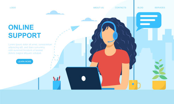 Customer support manager, online consultant Customer support manager, online consultant, call center specialist wearing headphones sitting at computer. Web page template. Flat colorful vector illustration. customer illustrations stock illustrations