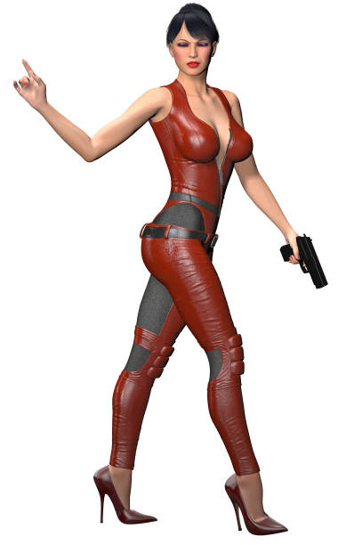 istock Futuristic soldier in a Red uniform, armed with gun, walking, 3d illustration 1276489898