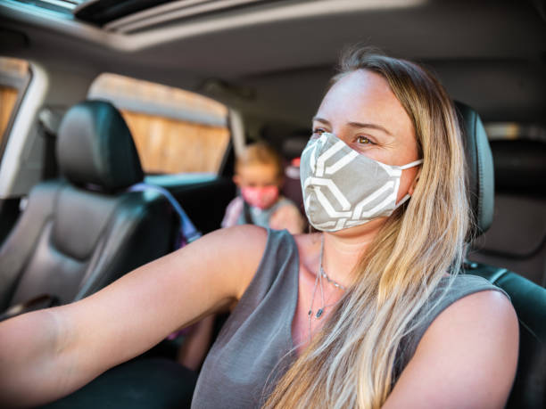 istock Mother and Daughter with masks inside the car 1276491435