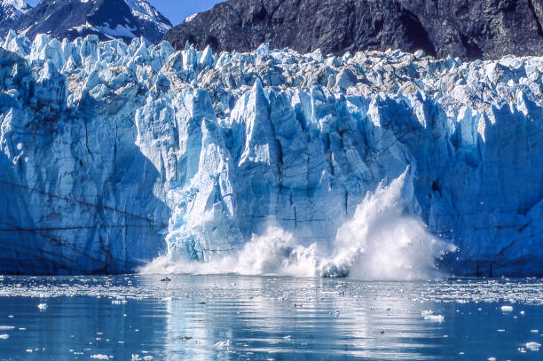 Tidewater glacier calving into Alaskan Bay, causing a huge disruption on the calm water surface.Taken in Southeast Alaska.